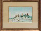 a painting of a castle on top of a hill next to a body of water