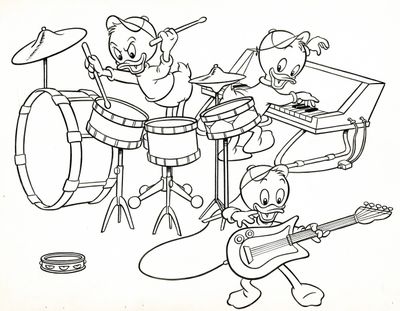 découpages à colorier représentant des personnages de dessins animés jouant de la musique dans un groupe