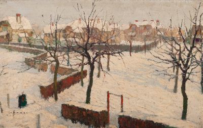 ECOLE MODERNE (XXe),  « Jour de neige », Huile sur toile signée en bas - Photo 1