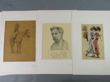 three drawings of a man and a woman on a horse