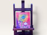 chevalet en bois violet sur lequel est posé un tableau, sur un fond blanc