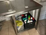 a stainless steel work table in a kitchen with a sink