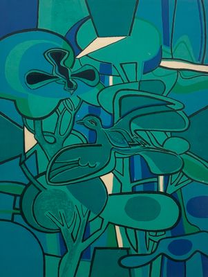 peinture abstraite représentant un homme coiffé d'un chapeau vert sur fond bleu