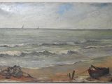a painting of a boat on the beach by the water