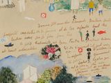 an image of a drawing of people on a beach with a lot of things