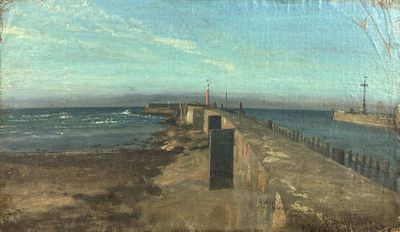 peinture représentant une vue d'une jetée avec un phare au loin