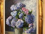a painting of a vase of purple and blue flowers