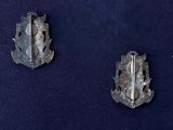 two metal badges on a blue cloth with a black background