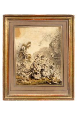 an image of a painting of a group of animals in a rocky landscape