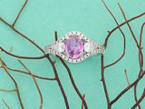 un anneau violet posé sur une branche d'arbre