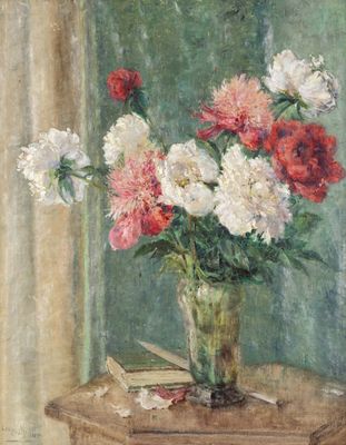 une peinture de fleurs dans un vase sur une table