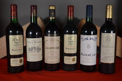 six bottles of wine are lined up on a red table cloth