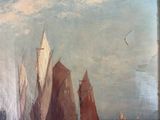 a painting of a group of sailboats on the water