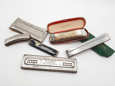 cinq types d'harmonicas différents dans un étui