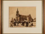 an old picture of a group of people standing in front of a church