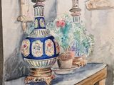 a painting of a vase on a table next to a potted plant