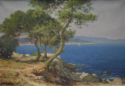 un tableau représentant deux arbres sur une falaise au bord de l'eau