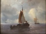 une peinture représentant un bateau dans l'eau avec d'autres bateaux à l'arrière-plan