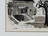 a black and white drawing of a tree in front of a building