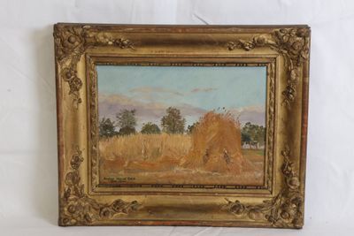 une peinture à l'huile d'un champ avec quelques arbres en arrière-plan