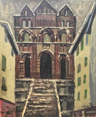 une peinture à l'huile représentant un bâtiment avec un escalier qui y mène