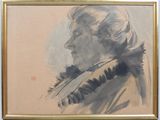 painting of a woman in profile with her head turned to the side
