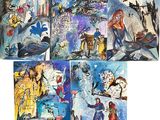 four different paintings of people in different colors and sizes on a white background