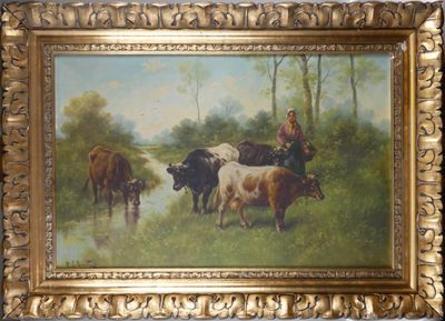 une image d'une peinture de vaches dans un champ