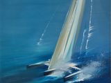 painting of a sailboat in the middle of a body of water
