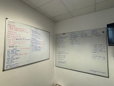 un tableau blanc couvert de nombreuses notes, dans une pièce