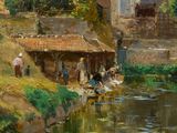 a painting of a village with a river running through it