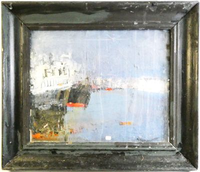 an oil painting of a boat in a body of water with a city in the background