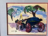 a painting of a horse pulling a carriage with a man on it