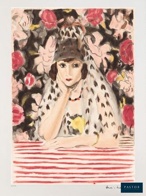 un tableau représentant une femme assise à une table, avec des fleurs en arrière-plan