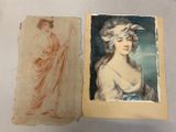 un vieux livre avec un dessin représentant une femme et un tableau représentant une femme