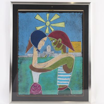 painting of a woman holding a baby in her arms with a windmill in the background