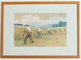 painting of a couple of men working in a field with a rake