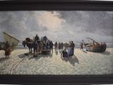 a painting of people on the beach with a horse drawn carriage