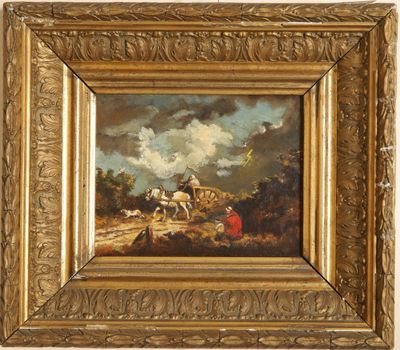 a painting of a man on a horse with a cart in the background