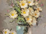 a painting of flowers in a vase on a table
