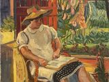 an oil painting of a woman sitting in a chair reading a book