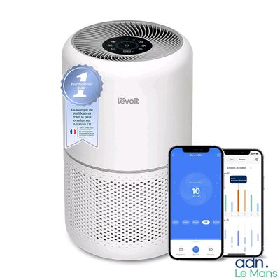 une photo d'un purificateur d'air connecté à côté d'un iPhone
