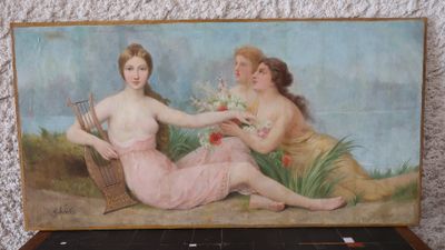 un tableau représentant deux femmes assises sur une chaise