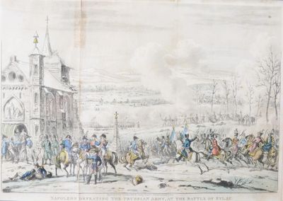 une image représentant un dessin d'une bataille avec des hommes à cheval