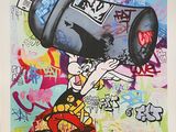 tableau représentant un personnage de dessin animé avec une bombe de graffiti sur la tête