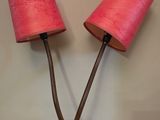 une paire de lampes roses ornées de feuilles, posées sur une table