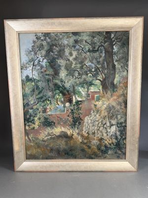an oil painting of a house in a wooded area with trees and bushes