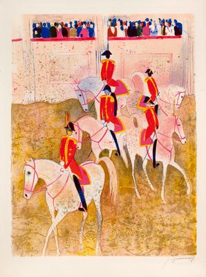 un tableau représentant un groupe d'hommes à cheval