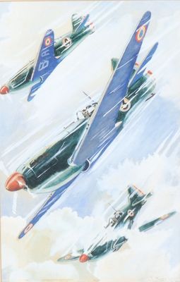 painting of a group of fighter jets flying through the sky