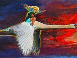 an oil painting of a woman riding a swan in the sky